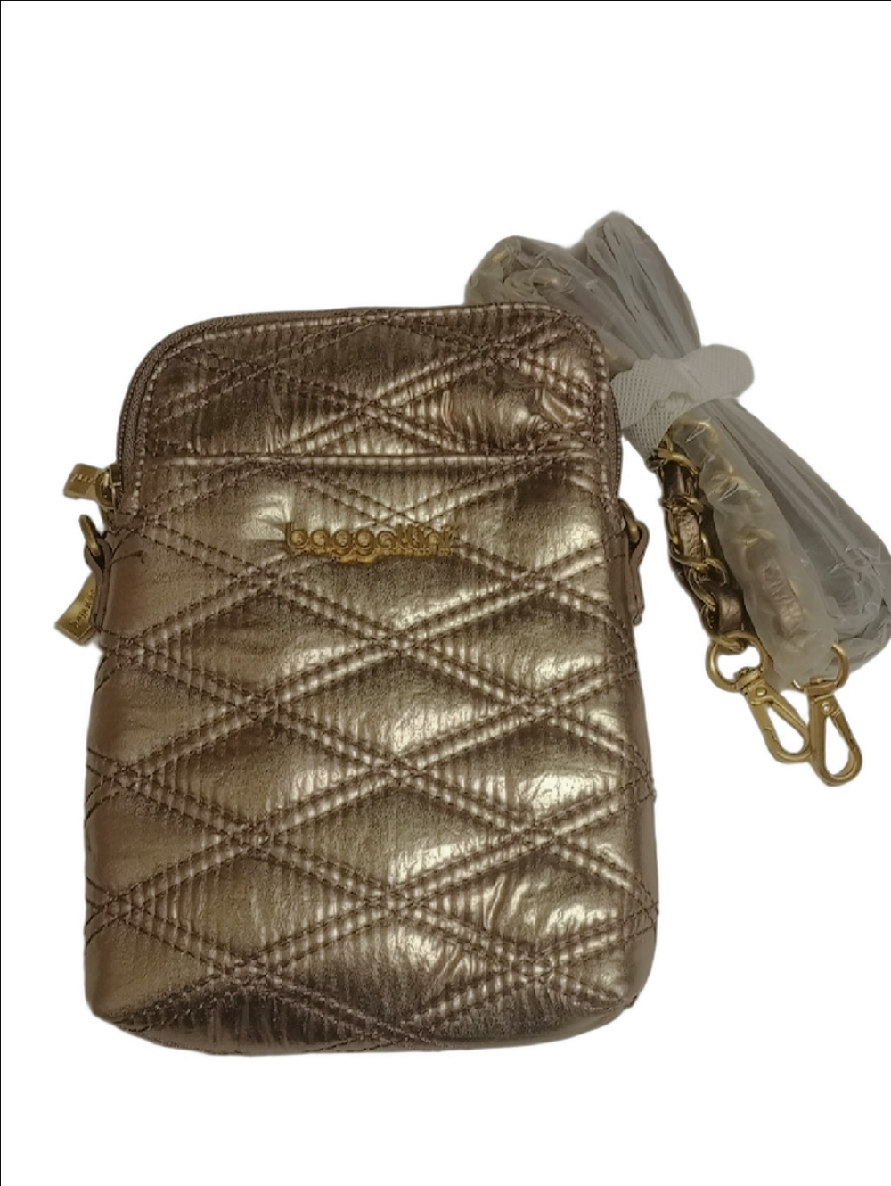 🆕 BAGGALINI ROSE GOLD METALLIC PUFFER QUILTED PHONE WALLET CROSSBODY TRAVEL BAG - Picture 2 of 11